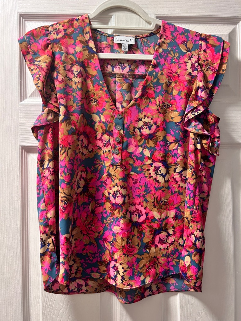 Veronica M Pink Floral Ruffle-Sleeve V-Neck Blouse